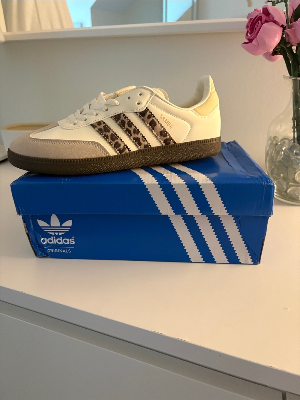adidas Samba Sneakers in Cream with Leopard Stripe Accents